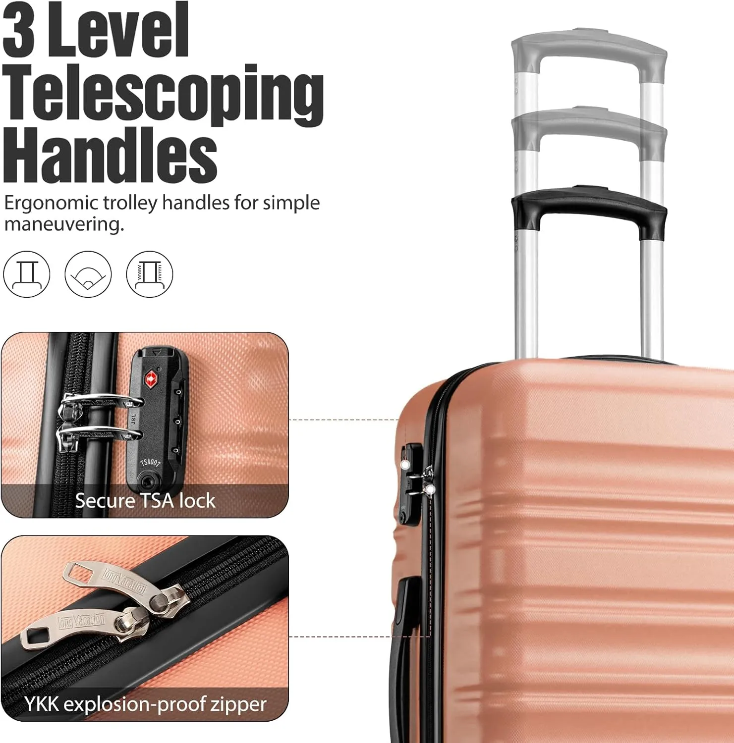 LONG VACATION 6 Piece Luggage Set Carry on Suitcase with ABS PC hardshell, Spinner Wheels & YKK Zipper TSA Lock (PINK, 6 piece set)