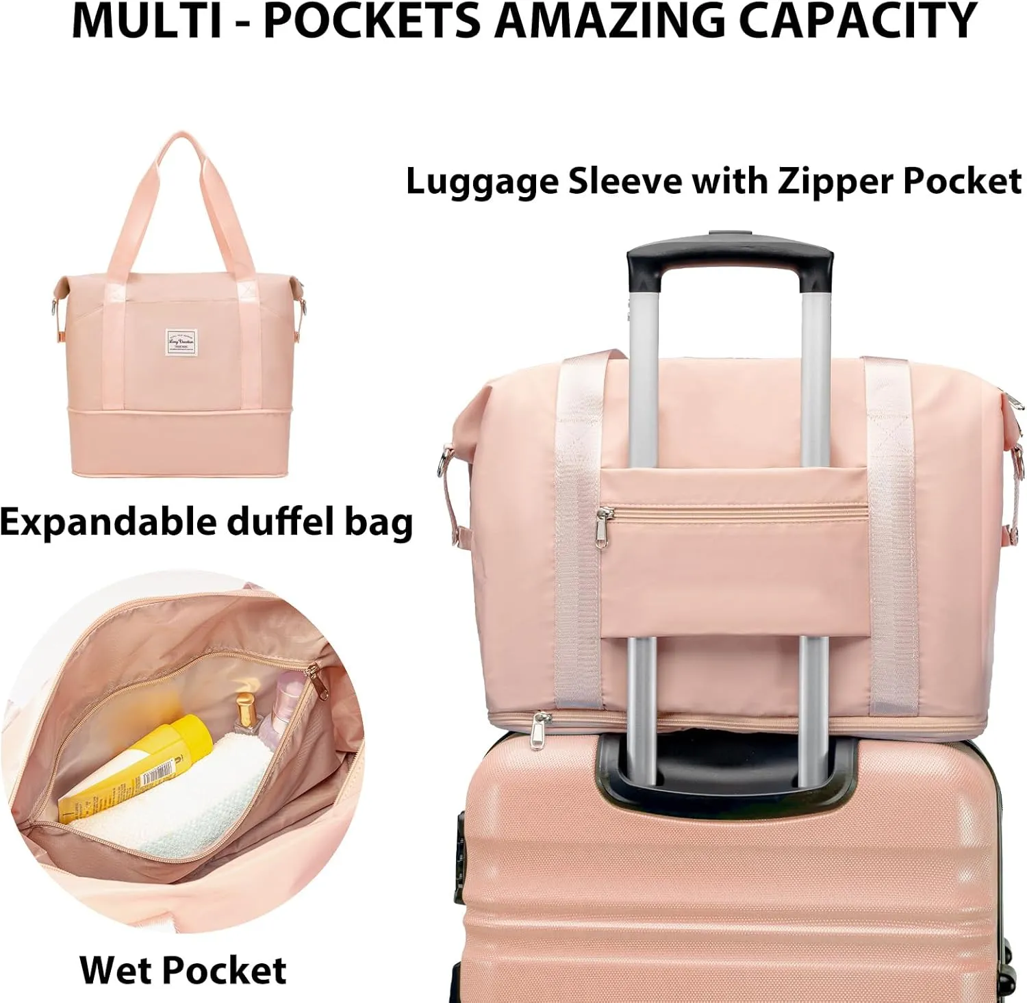 LONG VACATION 6 Piece Luggage Set Carry on Suitcase with ABS PC hardshell, Spinner Wheels & YKK Zipper TSA Lock (PINK, 6 piece set)