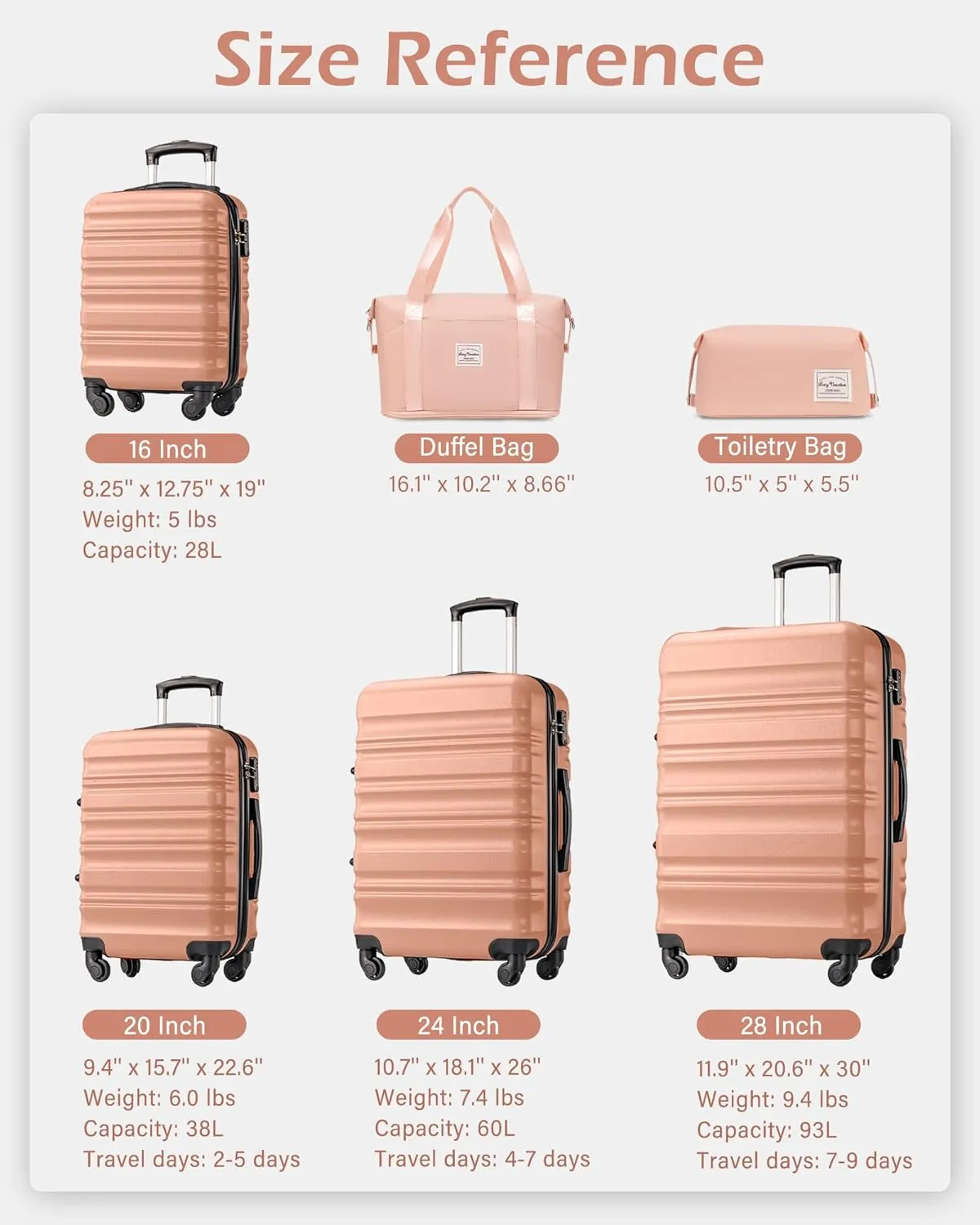 LONG VACATION 6 Piece Luggage Set Carry on Suitcase with ABS PC hardshell, Spinner Wheels & YKK Zipper TSA Lock (PINK, 6 piece set)