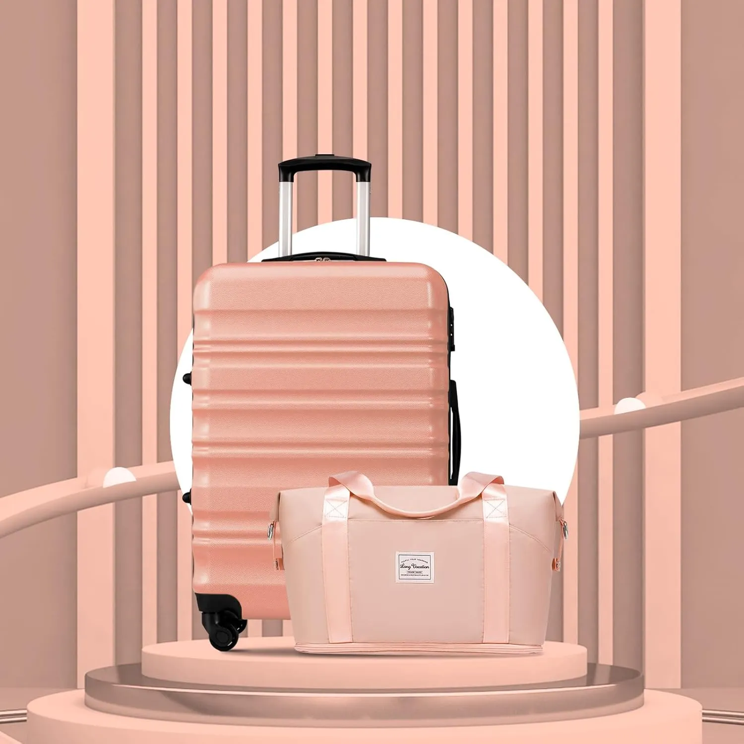 LONG VACATION 6 Piece Luggage Set Carry on Suitcase with ABS PC hardshell, Spinner Wheels & YKK Zipper TSA Lock (PINK, 6 piece set)