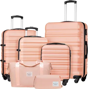 LONG VACATION 6 Piece Luggage Set Carry on Suitcase with ABS PC hardshell, Spinner Wheels & YKK Zipper TSA Lock (PINK, 6 piece set)