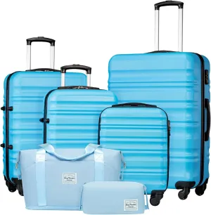 LONG VACATION 6 Piece Luggage Set Carry on Suitcase with ABS PC hardshell, Spinner Wheels & YKK Zipper TSA Lock (SKY BLUE, 6 piece set)