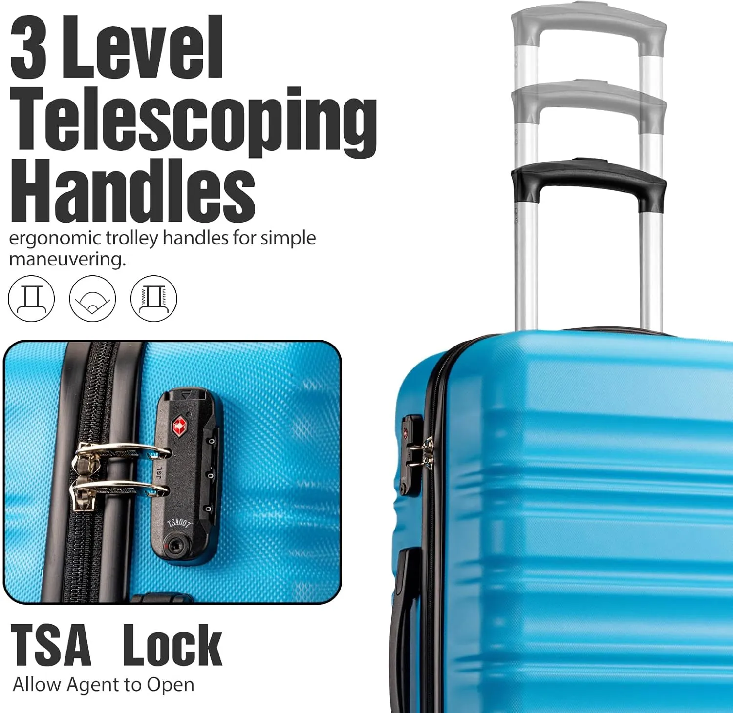 LONG VACATION 6 Piece Luggage Set Carry on Suitcase with ABS PC hardshell, Spinner Wheels & YKK Zipper TSA Lock (SKY BLUE, 6 piece set)