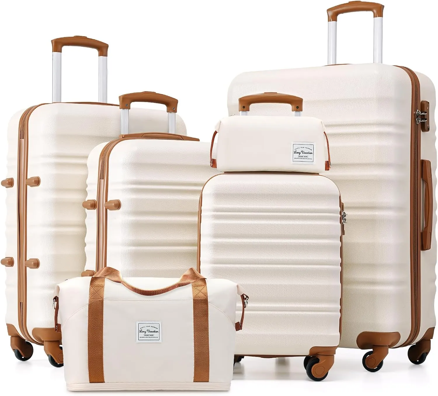 LONG VACATION 6 Piece Luggage Set Carry on Suitcase with ABS PC hardshell, Spinner Wheels & YKK Zipper TSA Lock (WHITE-BROWN, 6 piece set)
