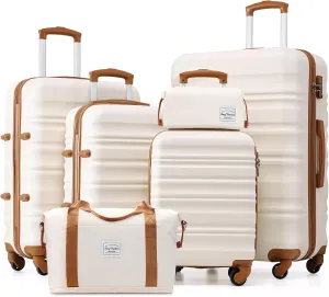 LONG VACATION 6 Piece Luggage Set Carry on Suitcase with ABS PC hardshell, Spinner Wheels & YKK Zipper TSA Lock (WHITE-BROWN, 6 piece set)