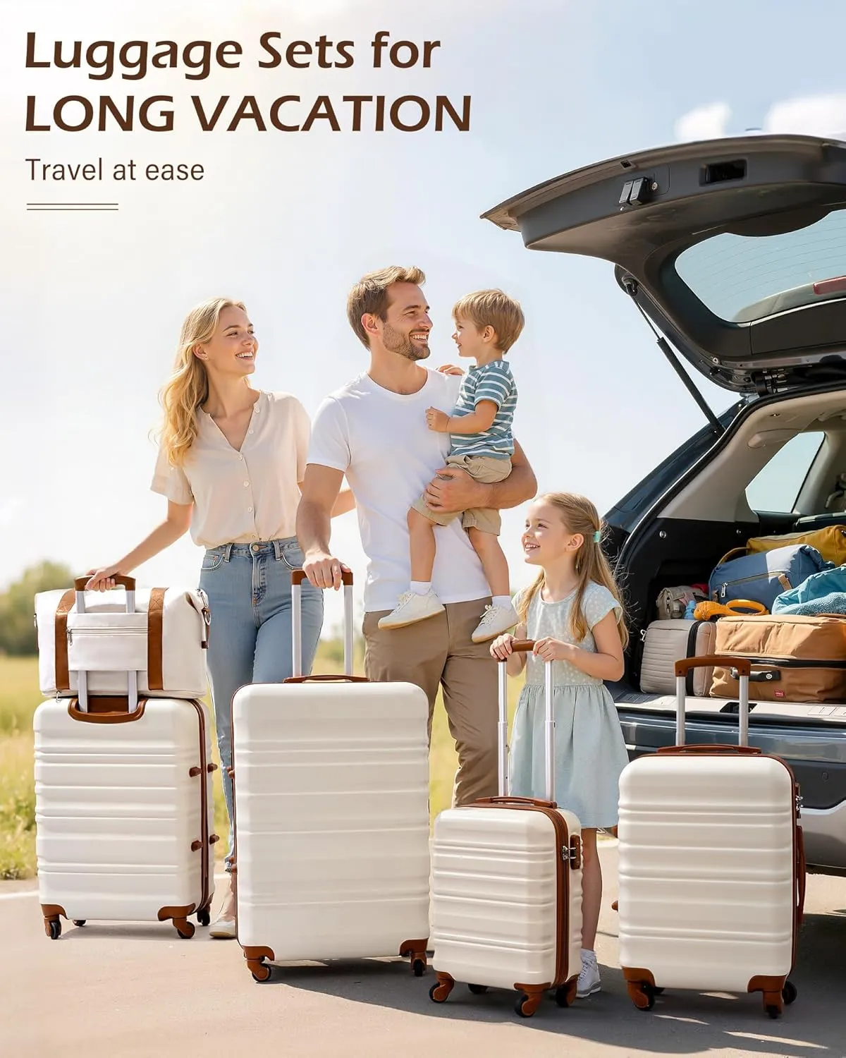 LONG VACATION 6 Piece Luggage Set Carry on Suitcase with ABS PC hardshell, Spinner Wheels & YKK Zipper TSA Lock (WHITE-BROWN, 6 piece set)