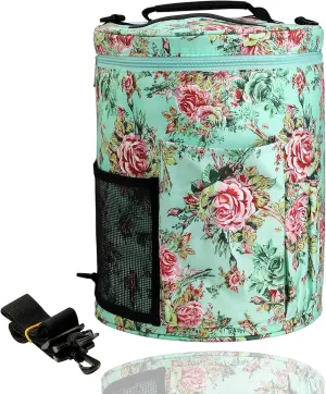 LOOEN Large Capacity/Portable/Lightweight Yarn Storage Knitting Tote Organizer Bag with Shoulder Strap Handles W/Pockets for Crochet Hooks & Knitting Needles (Peony Flower)