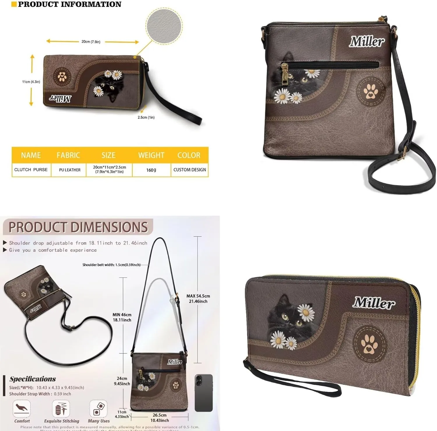 Lotusorchid Purse and Wallet Set for Women, Customized Crossbody Shoulder Purse PU Leather Hobo Bag with Adjustable Strap