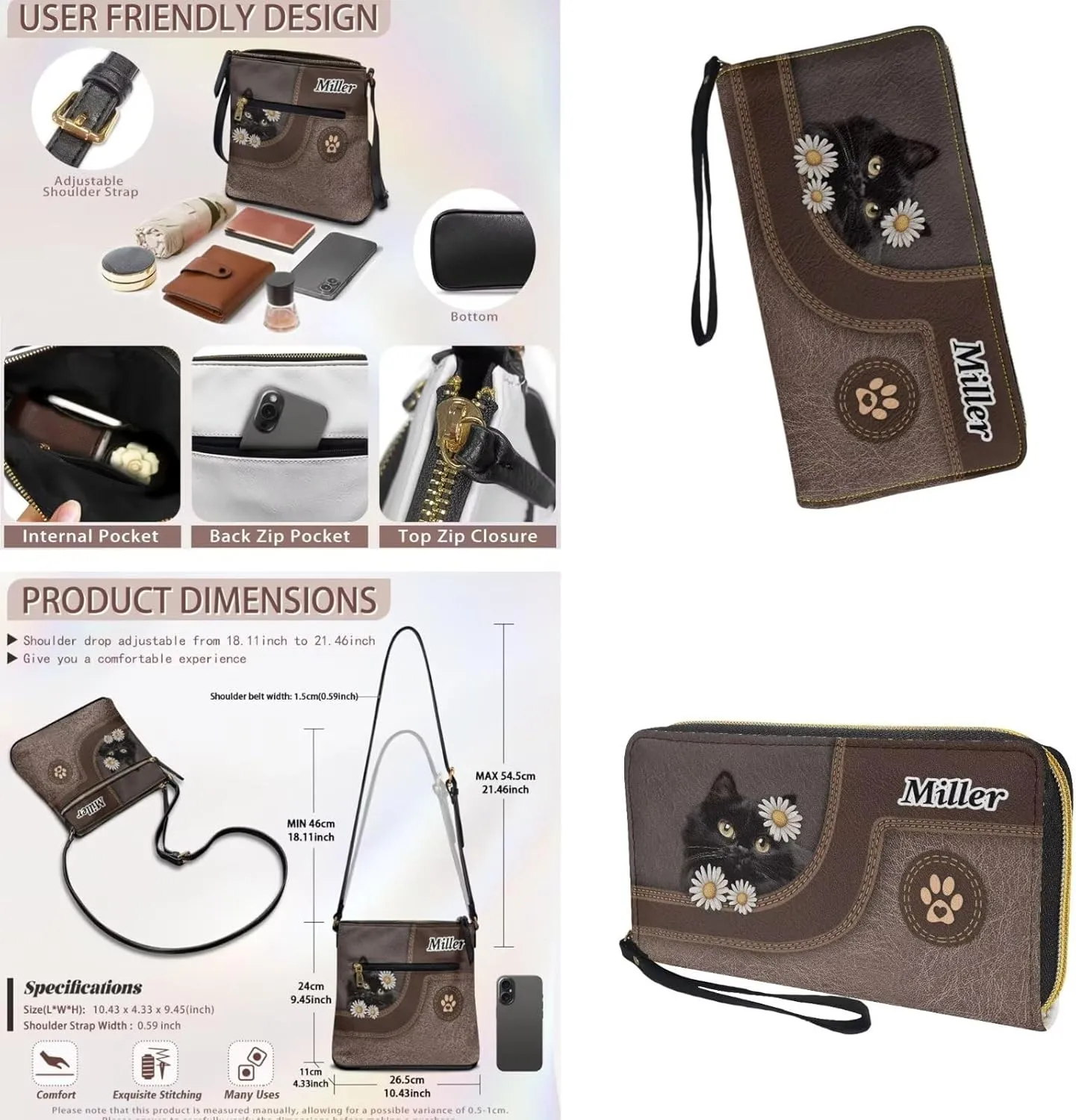 Lotusorchid Purse and Wallet Set for Women, Customized Crossbody Shoulder Purse PU Leather Hobo Bag with Adjustable Strap