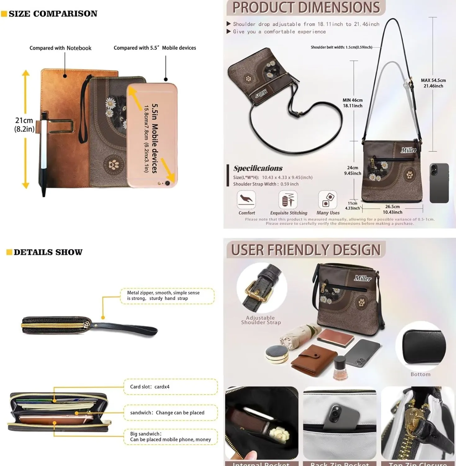 Lotusorchid Purse and Wallet Set for Women, Customized Crossbody Shoulder Purse PU Leather Hobo Bag with Adjustable Strap