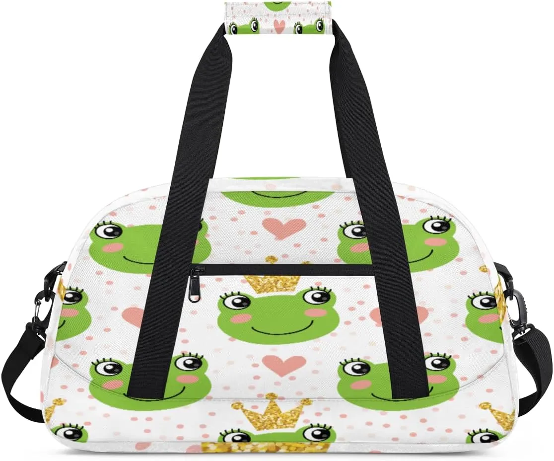 Lovely Frog Gym Duffel Bag for Men Women Crown Heart Sports Tote Bag with Adjustable Shoulder Strap for Dance Gymnastics Traveling Outdoor Camping Overnight Stay