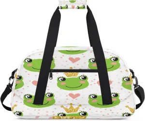 Lovely Frog Gym Duffel Bag for Men Women Crown Heart Sports Tote Bag with Adjustable Shoulder Strap for Dance Gymnastics Traveling Outdoor Camping Overnight Stay