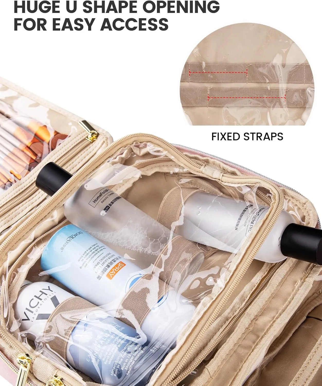 LOVEVOOK Travel Toiletry Bag for Women, Water-resistant Hanging Makeup Organizer with Jewelry Compartment, Portable Cosmetic Bag with Luggage Strap for Travel essentials(Pink,10.5 Inch)