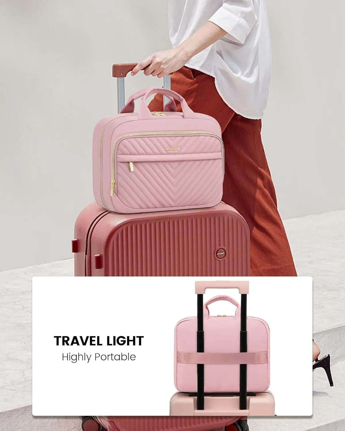 LOVEVOOK Travel Toiletry Bag for Women, Water-resistant Hanging Makeup Organizer with Jewelry Compartment, Portable Cosmetic Bag with Luggage Strap for Travel essentials(Pink,10.5 Inch)