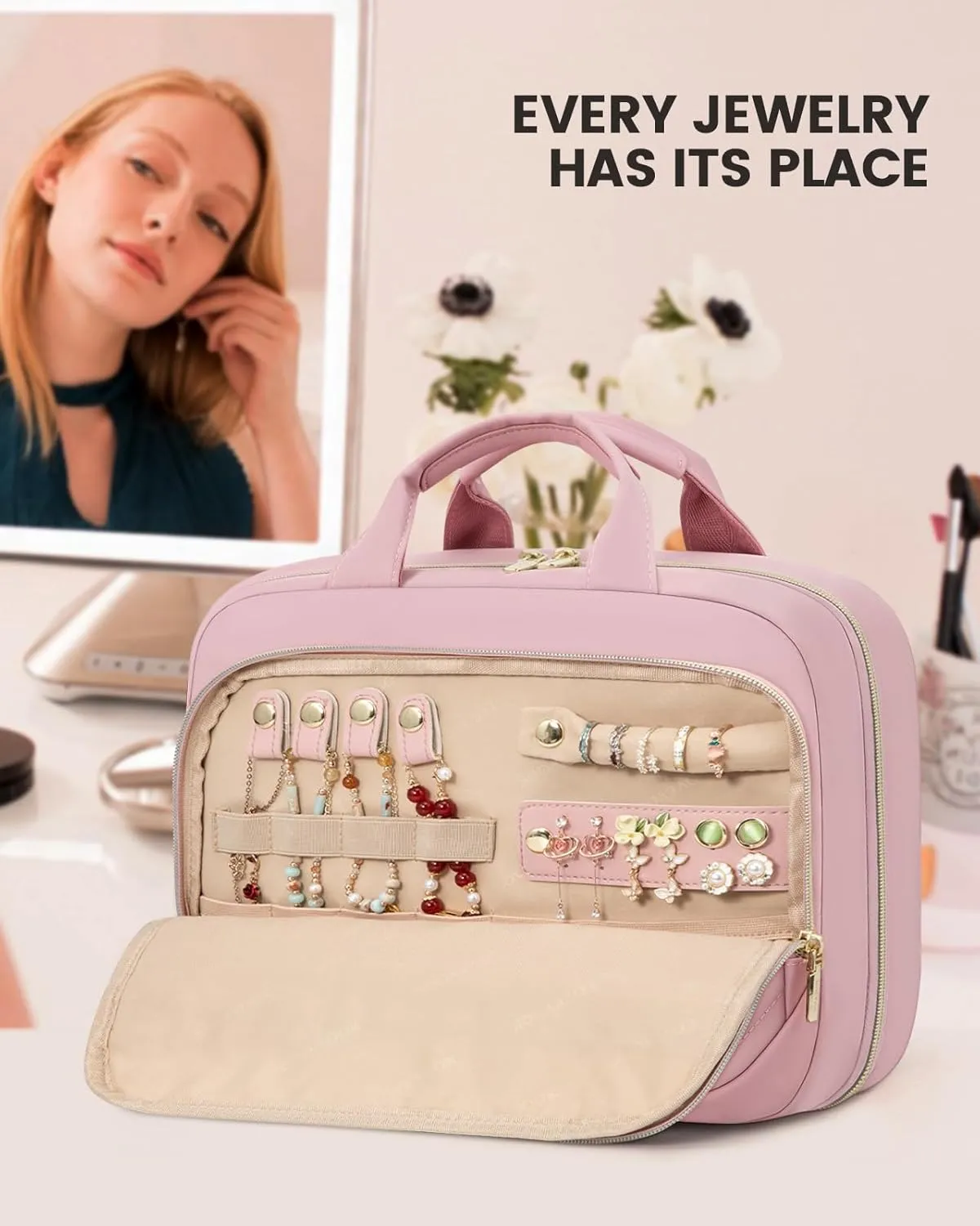 LOVEVOOK Travel Toiletry Bag for Women, Water-resistant Hanging Makeup Organizer with Jewelry Compartment, Portable Cosmetic Bag with Luggage Strap for Travel essentials(Pink,10.5 Inch)