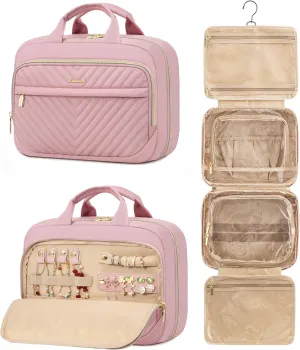 LOVEVOOK Travel Toiletry Bag for Women, Water-resistant Hanging Makeup Organizer with Jewelry Compartment, Portable Cosmetic Bag with Luggage Strap for Travel essentials(Pink,10.5 Inch)