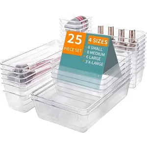 LUMOZA 25 PCs Clear Drawer Organizer Tray Set 4 Sizes of Makeup Drawer Organize Acrylic Organizer Bins for Jewelry Kitchen Gadgets and Office Supplies