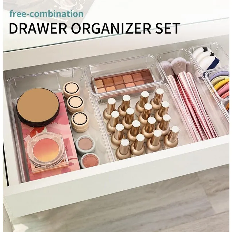 LUMOZA 25 PCs Clear Drawer Organizer Tray Set 4 Sizes of Makeup Drawer Organize Acrylic Organizer Bins for Jewelry Kitchen Gadgets and Office Supplies
