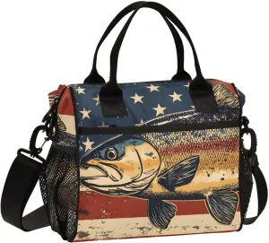 Lunch Bag Box Vintage Trout America Print, Insulated Reusable Leak-proof Detachable Shoulder Strap Small