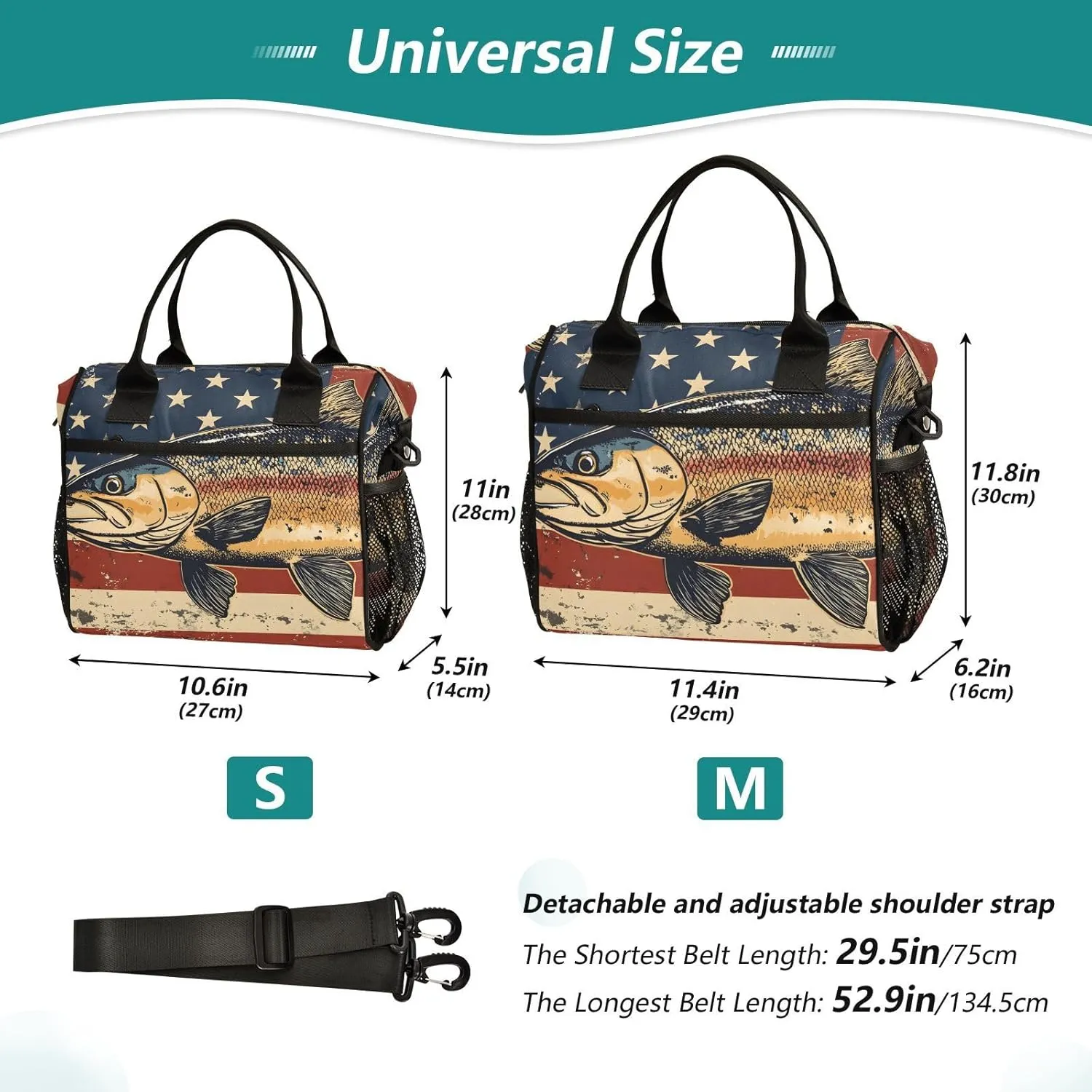 Lunch Bag Box Vintage Trout America Print, Insulated Reusable Leak-proof Detachable Shoulder Strap Small