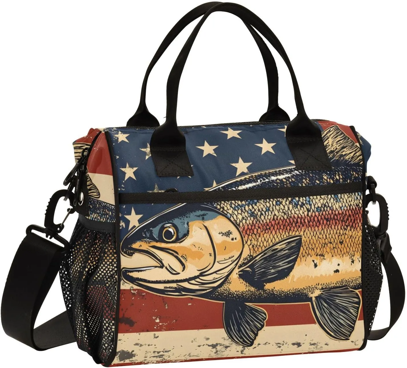 Lunch Bag Box Vintage Trout America Print, Insulated Reusable Leak-proof Detachable Shoulder Strap Small