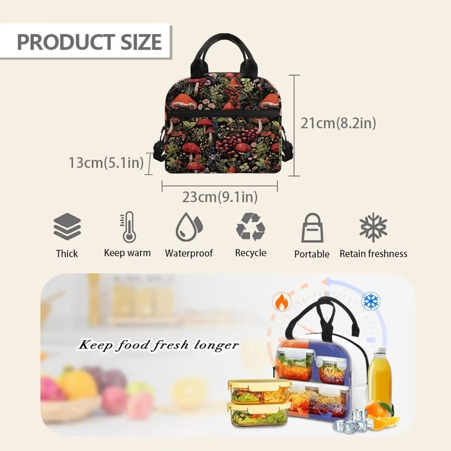 Lunch Bag Lunchbox Organizer Insulated Waterproof Men Women Tote Cooler Handbag Adjustable Shoulder Strap for Office Picnic Travel Hiking