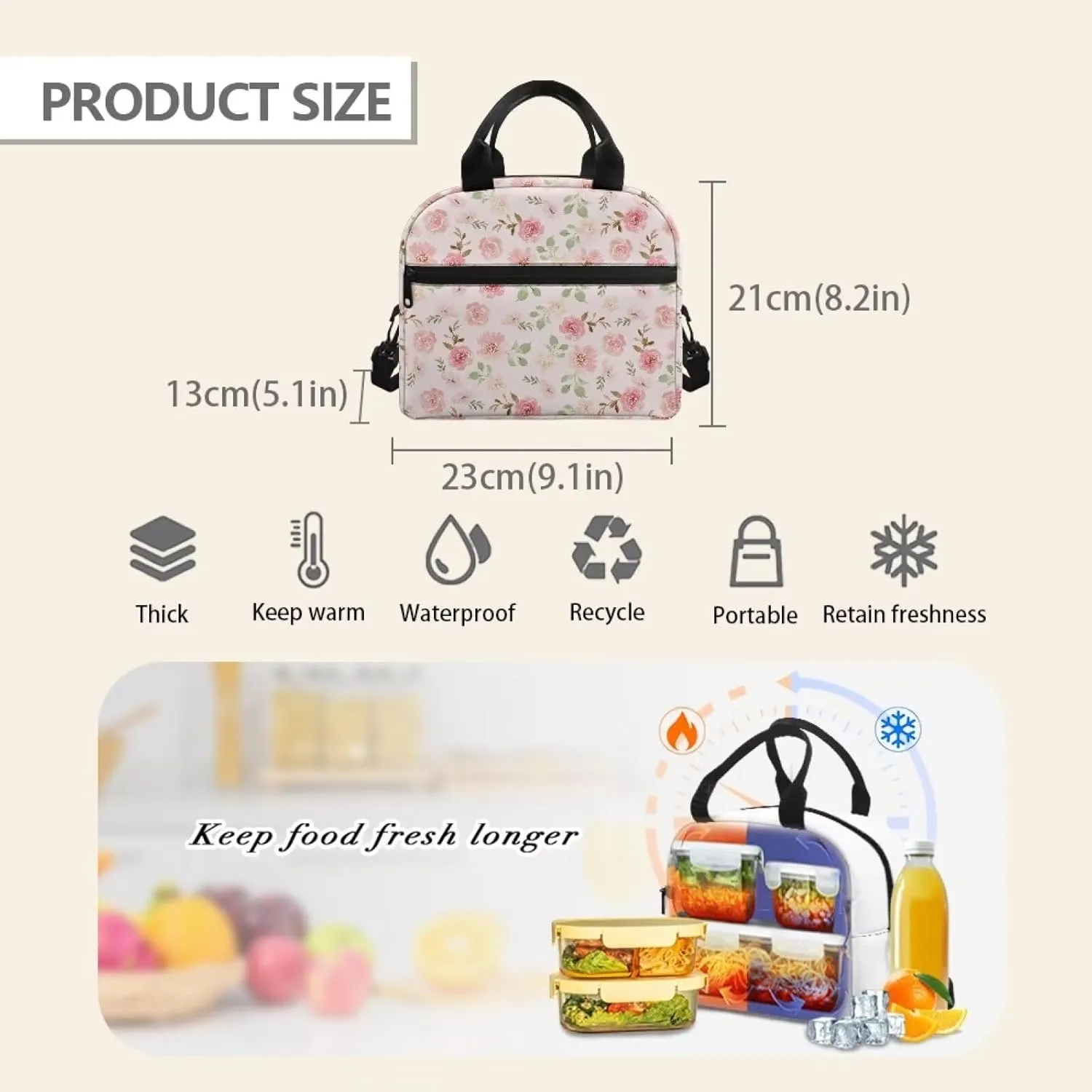Lunch Bag Lunchbox Organizer Insulated Waterproof Men Women Tote Cooler Handbag Adjustable Shoulder Strap for Office Picnic Travel Hiking