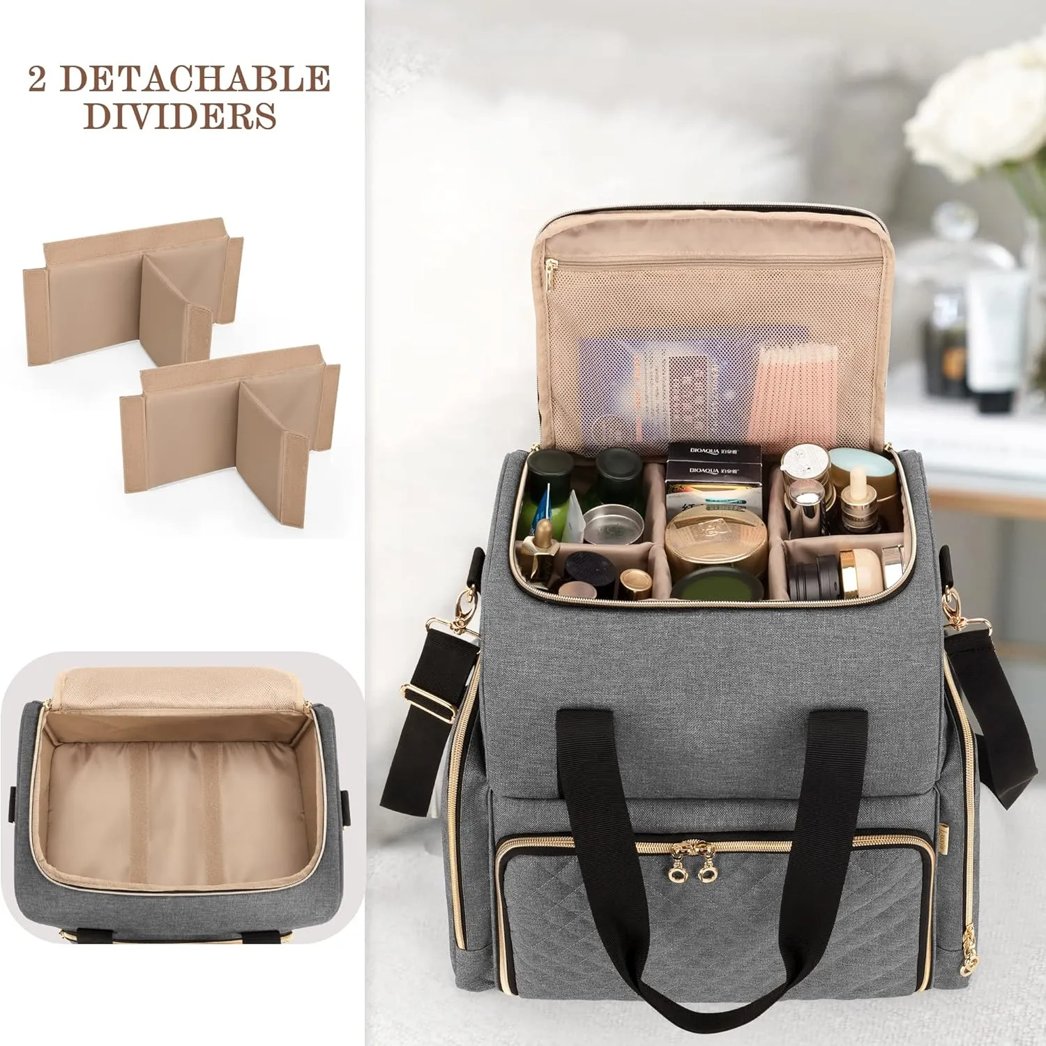 LUXJA Large Travel Makeup Bag with 3 Removable Cases, Cosmetic Bag with Detachable Dividers (Patent Pending), Gray