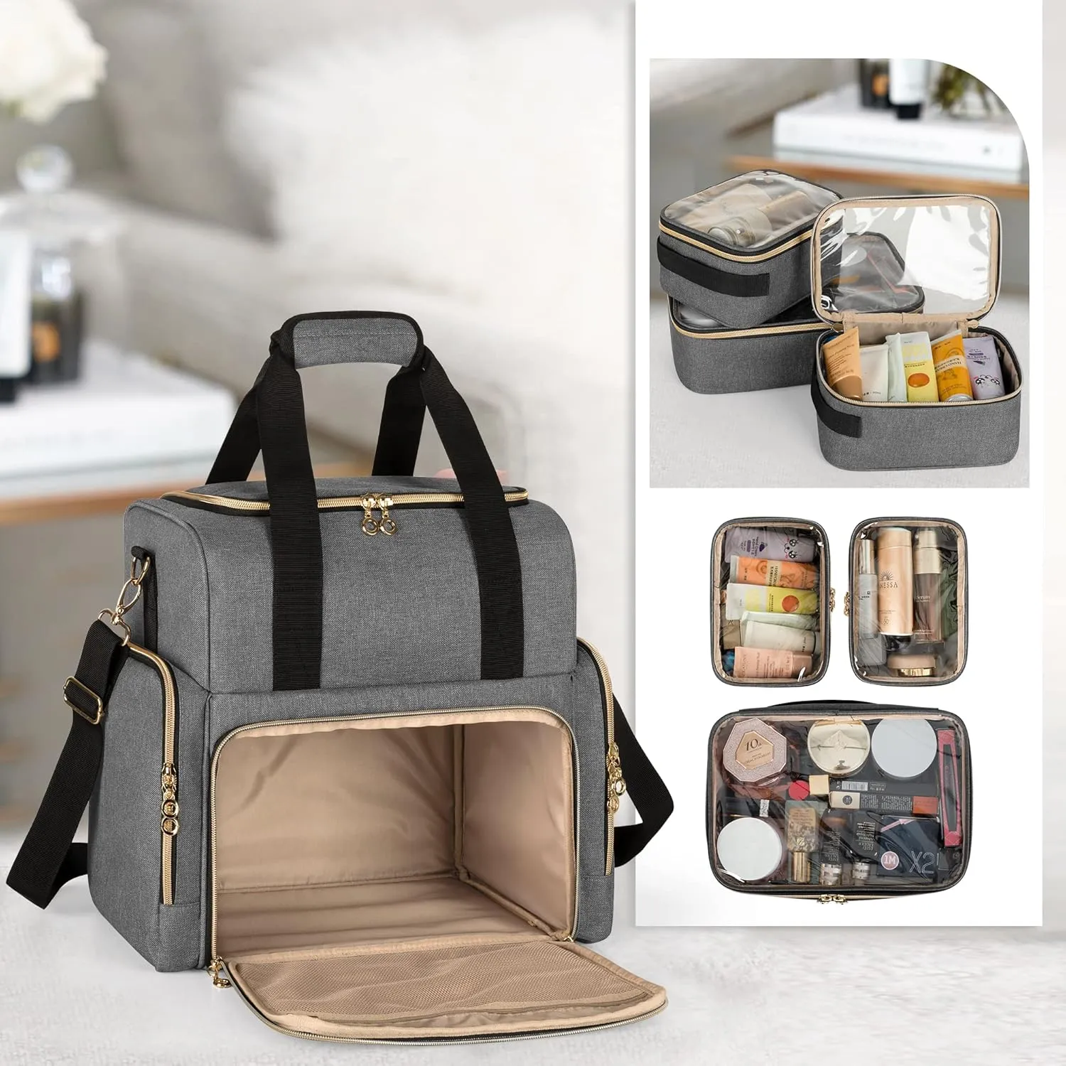 LUXJA Large Travel Makeup Bag with 3 Removable Cases, Cosmetic Bag with Detachable Dividers (Patent Pending), Gray