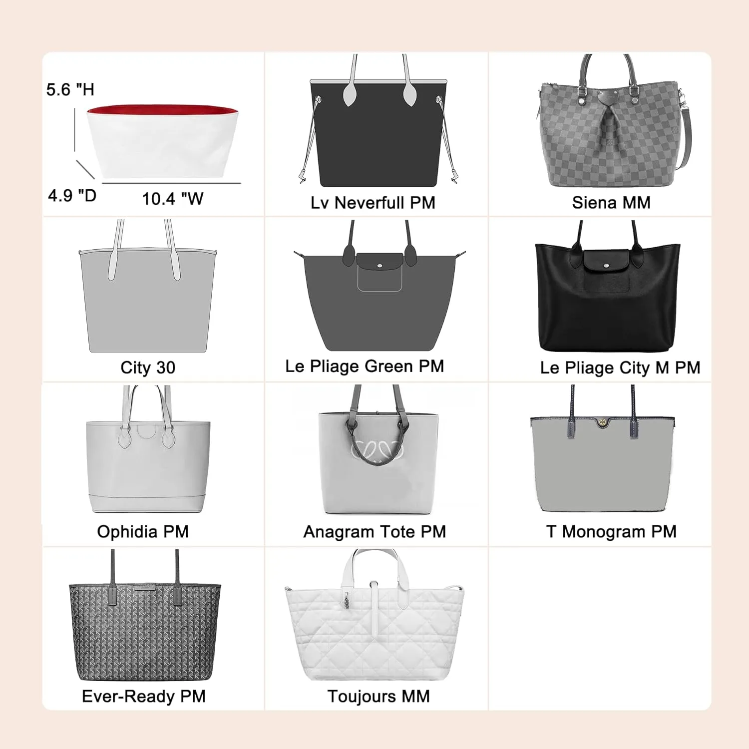LV Neverfull PM Organizer Insert - Ultra Lightweight Bag Organizer with Zipper (Medium, White-Red) for Coach City 30 and More