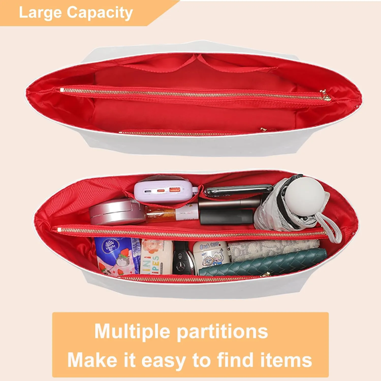 LV Neverfull PM Organizer Insert - Ultra Lightweight Bag Organizer with Zipper (Medium, White-Red) for Coach City 30 and More