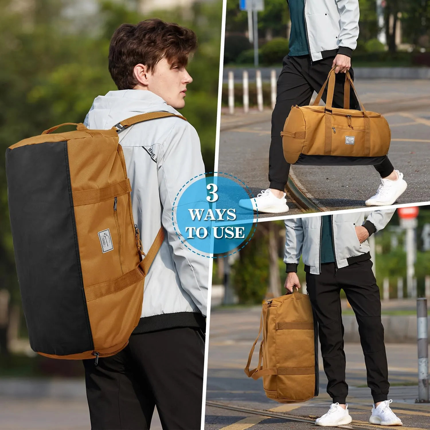Lyweem Sports Gym Bag Men - Large 60L Travel Duffle Bag with Shoe Compartment Women, Weekender Backpack, Overnight Duffel Bag, Brown
