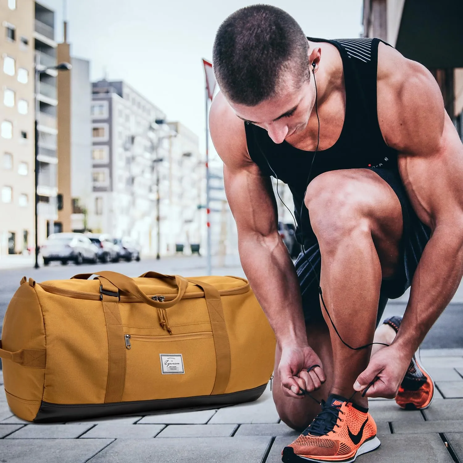 Lyweem Sports Gym Bag Men - Large 60L Travel Duffle Bag with Shoe Compartment Women, Weekender Backpack, Overnight Duffel Bag, Brown