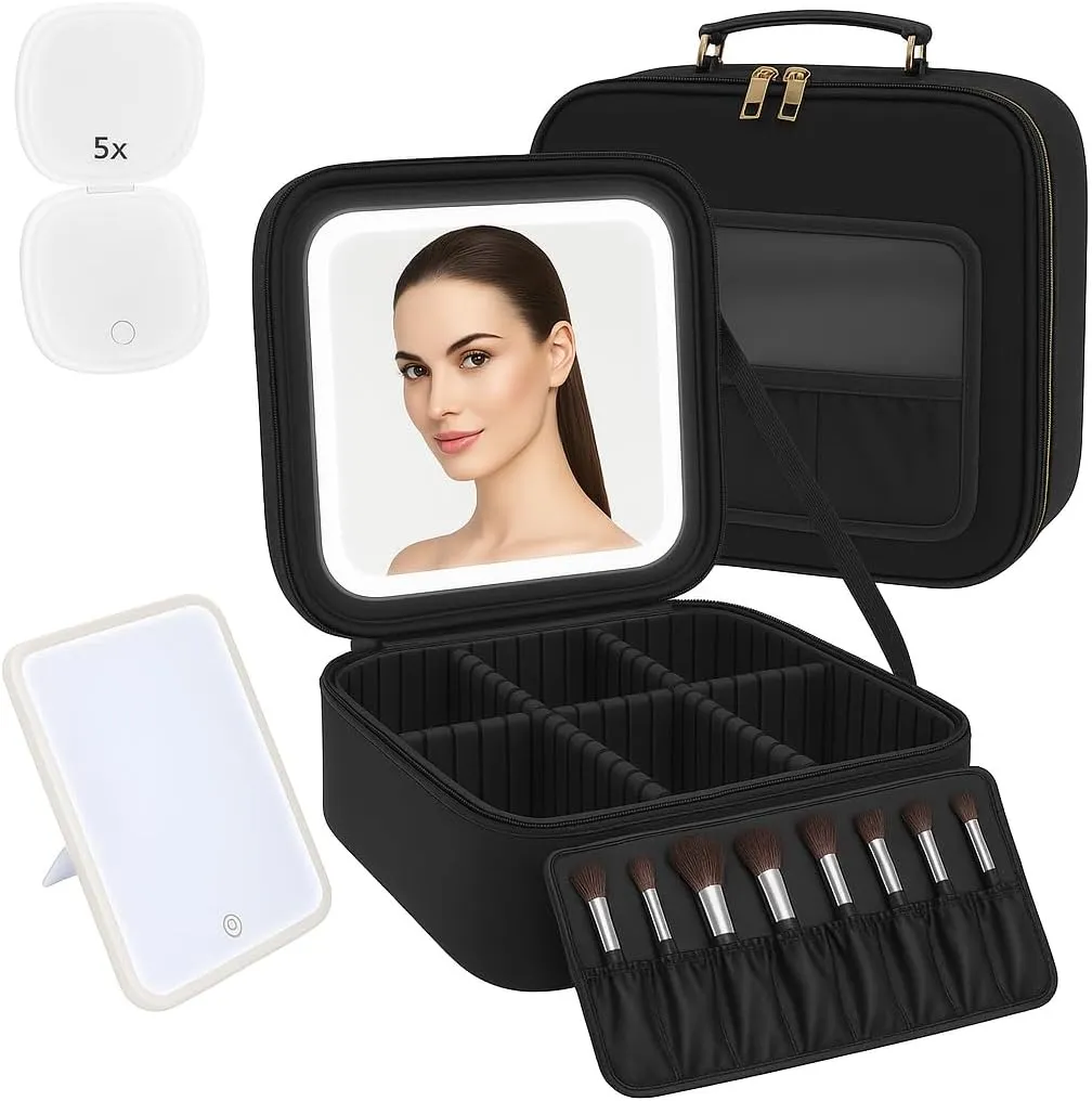 Makeup Bag Detachable LED Mirror With Stand 3 Adjustable Brightness 5x Zoom LED Travel Mirror Portable Cosmetics Case Brush Holder Organizer Adjustable Dividers Faux Leather Waterproof Gift