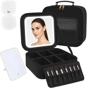 Makeup Bag Detachable LED Mirror With Stand 3 Adjustable Brightness 5x Zoom LED Travel Mirror Portable Cosmetics Case Brush Holder Organizer Adjustable Dividers Faux Leather Waterproof Gift