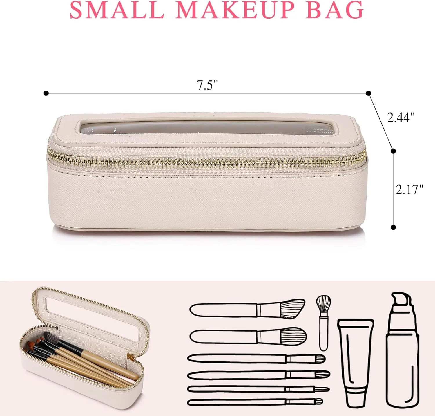 Makeup Brush Case Slim Clear Makeup Bag Travel Cosmetic Case and Waterproof Toiletry Makeup Bag with Zipper Purse Organizer for Women (Beige, Slim)