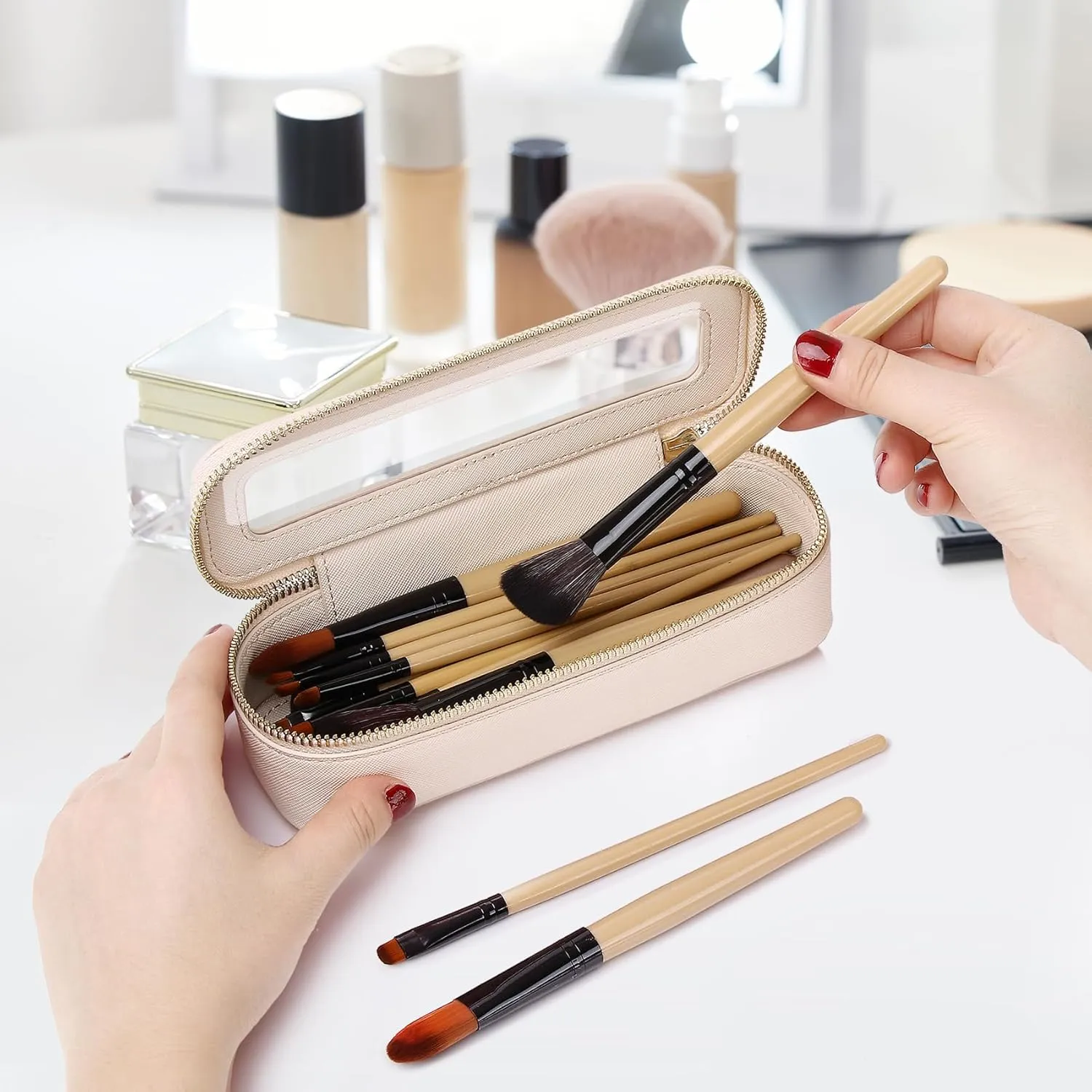 Makeup Brush Case Slim Clear Makeup Bag Travel Cosmetic Case and Waterproof Toiletry Makeup Bag with Zipper Purse Organizer for Women (Beige, Slim)