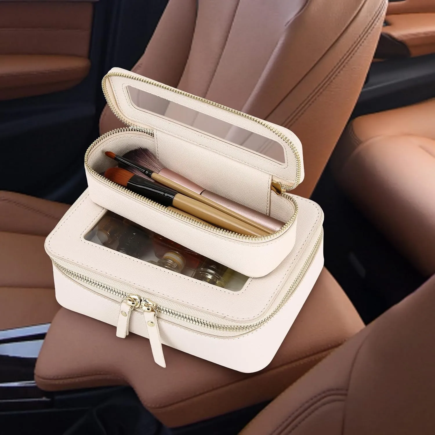 Makeup Brush Case Slim Clear Makeup Bag Travel Cosmetic Case and Waterproof Toiletry Makeup Bag with Zipper Purse Organizer for Women (Beige, Slim)