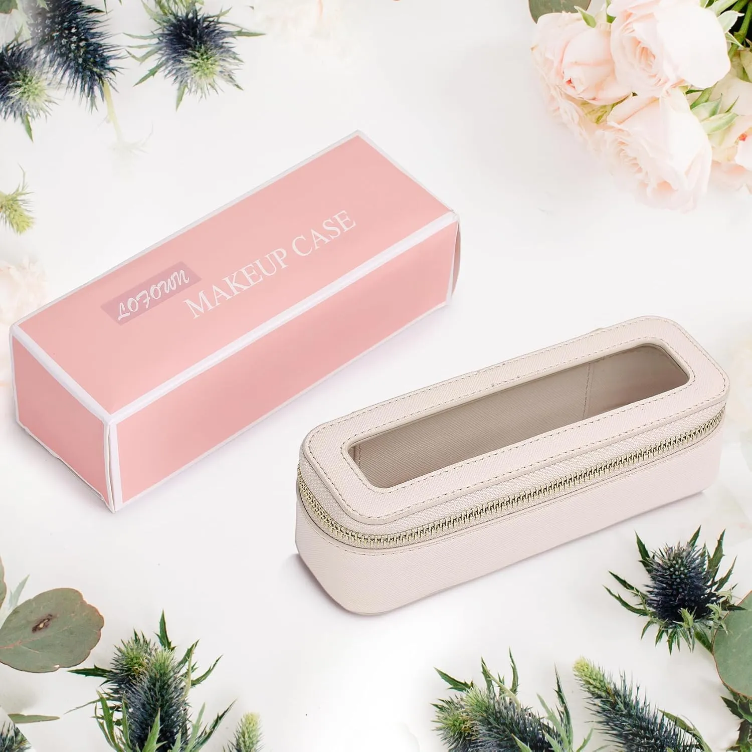 Makeup Brush Case Slim Clear Makeup Bag Travel Cosmetic Case and Waterproof Toiletry Makeup Bag with Zipper Purse Organizer for Women (Beige, Slim)