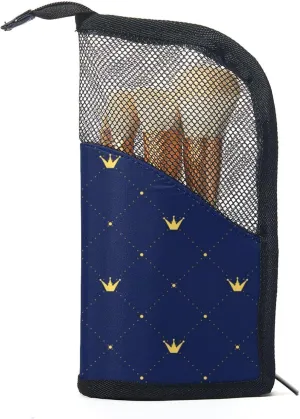 Makeup Brush Organizer Bag, Portable Travel Cosmetic Brush Case with 12 Makeup Brushes, Crown Vintage Plaid Navy Blue Foldable Makeup Cup for brushes, Eyebrow Pencil