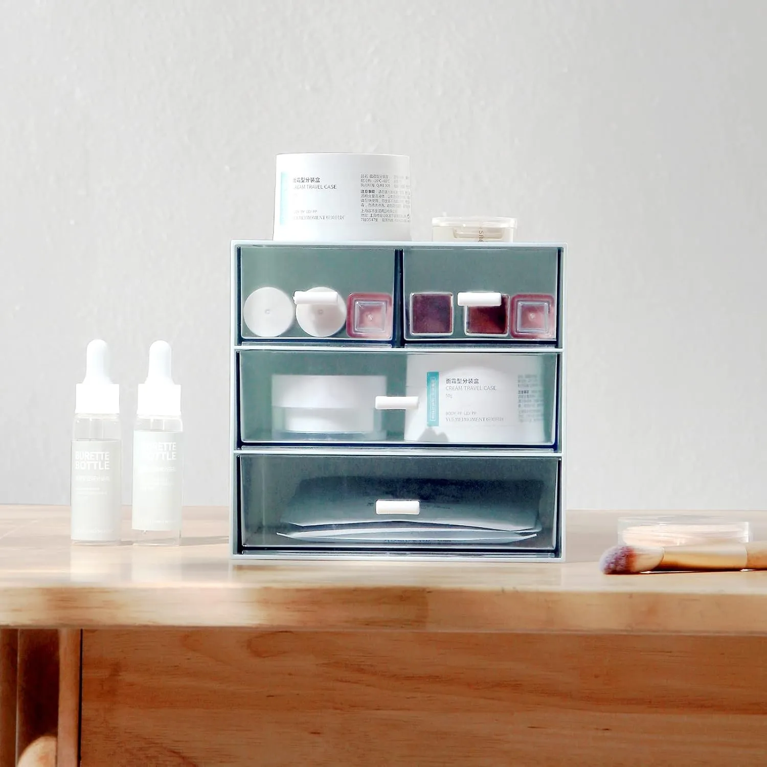 Makeup Organizer, Desk Organizer with 4 Drawers, Sundries Storage，Vanity Cosmetic Storage Box, Bathroom Counter or Dresser, Blue (QBH-4CT-2)