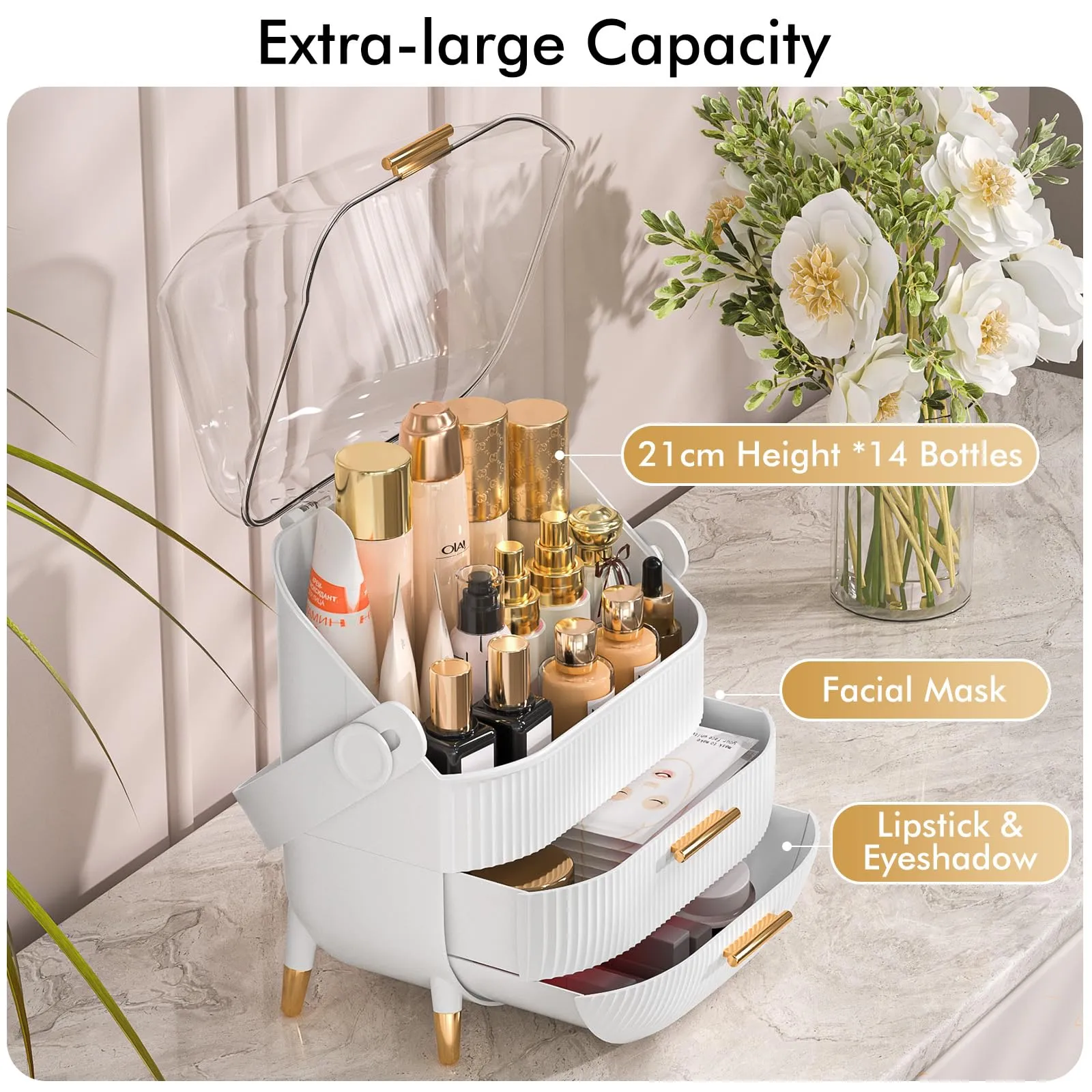 Makeup Organizer Skincare Organizers - Cosmetic Display Cases with Transparent Cover, SkinCare Organizers for Bathroom Countertop, Bedroom Vanity Desk, Lipstick Organizer, White