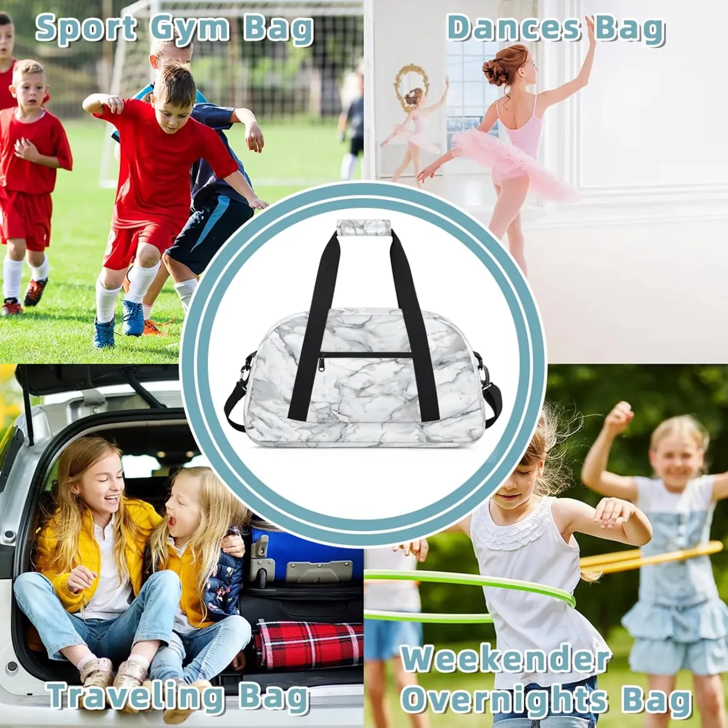 Marble Grey White Small Gym Bag 18 inch Carry On Duffel Bag for Weekender Travel Sports Workout Yoga Gymnastics Dance Ballet