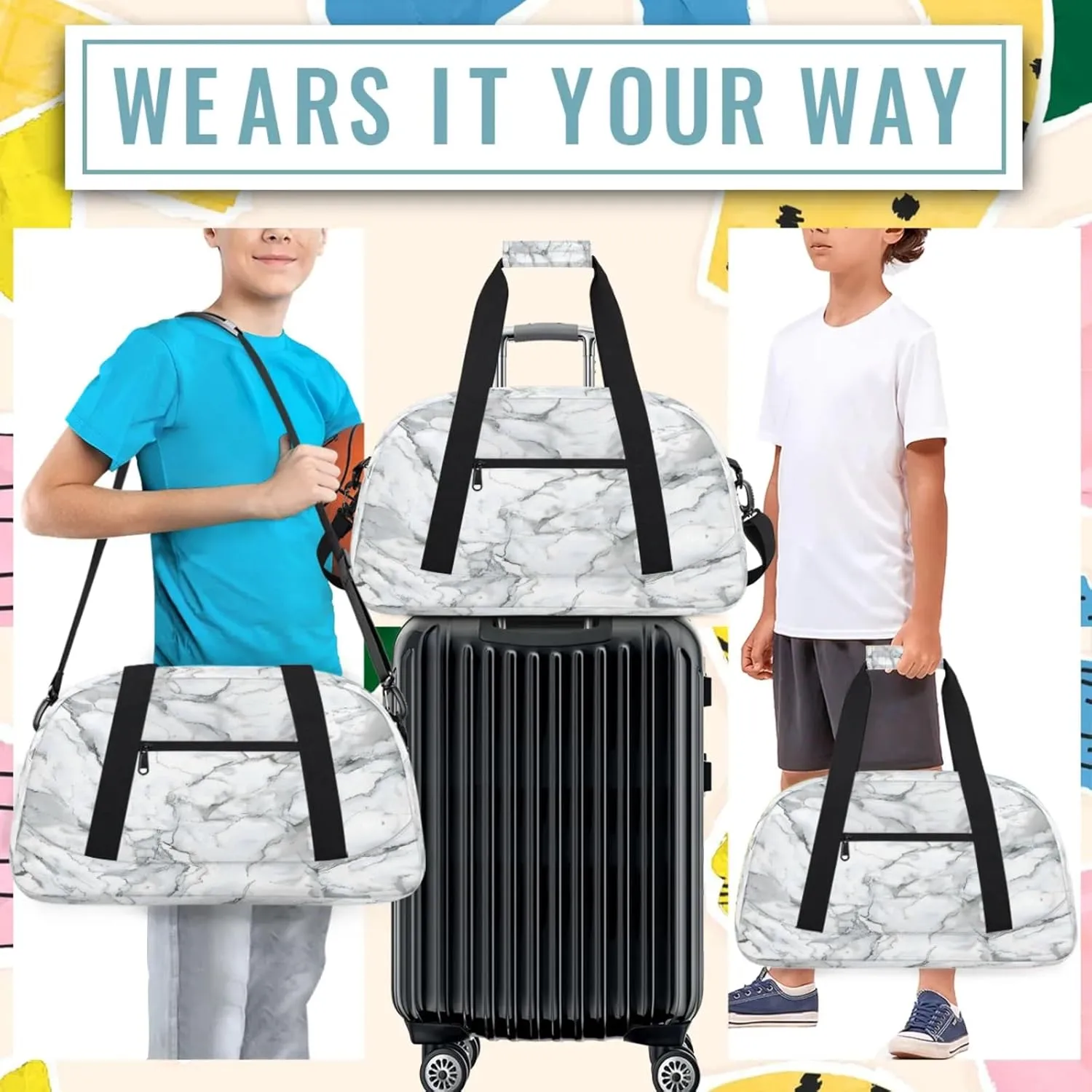 Marble Grey White Small Gym Bag 18 inch Carry On Duffel Bag for Weekender Travel Sports Workout Yoga Gymnastics Dance Ballet