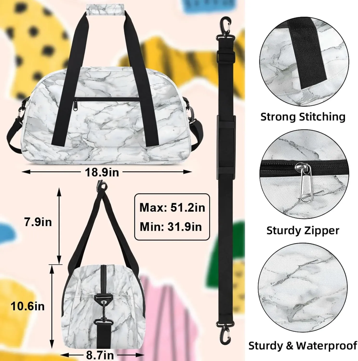 Marble Grey White Small Gym Bag 18 inch Carry On Duffel Bag for Weekender Travel Sports Workout Yoga Gymnastics Dance Ballet