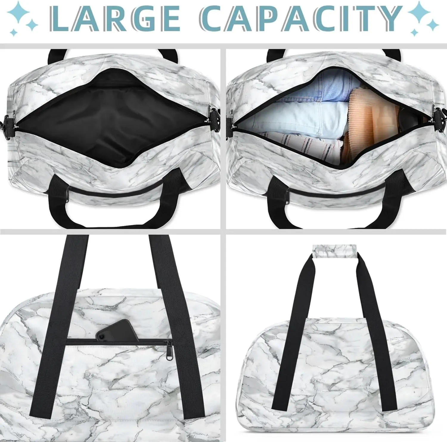 Marble Grey White Small Gym Bag 18 inch Carry On Duffel Bag for Weekender Travel Sports Workout Yoga Gymnastics Dance Ballet