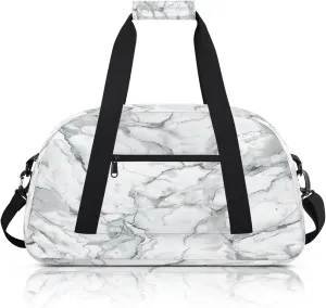 Marble Grey White Small Gym Bag 18 inch Carry On Duffel Bag for Weekender Travel Sports Workout Yoga Gymnastics Dance Ballet