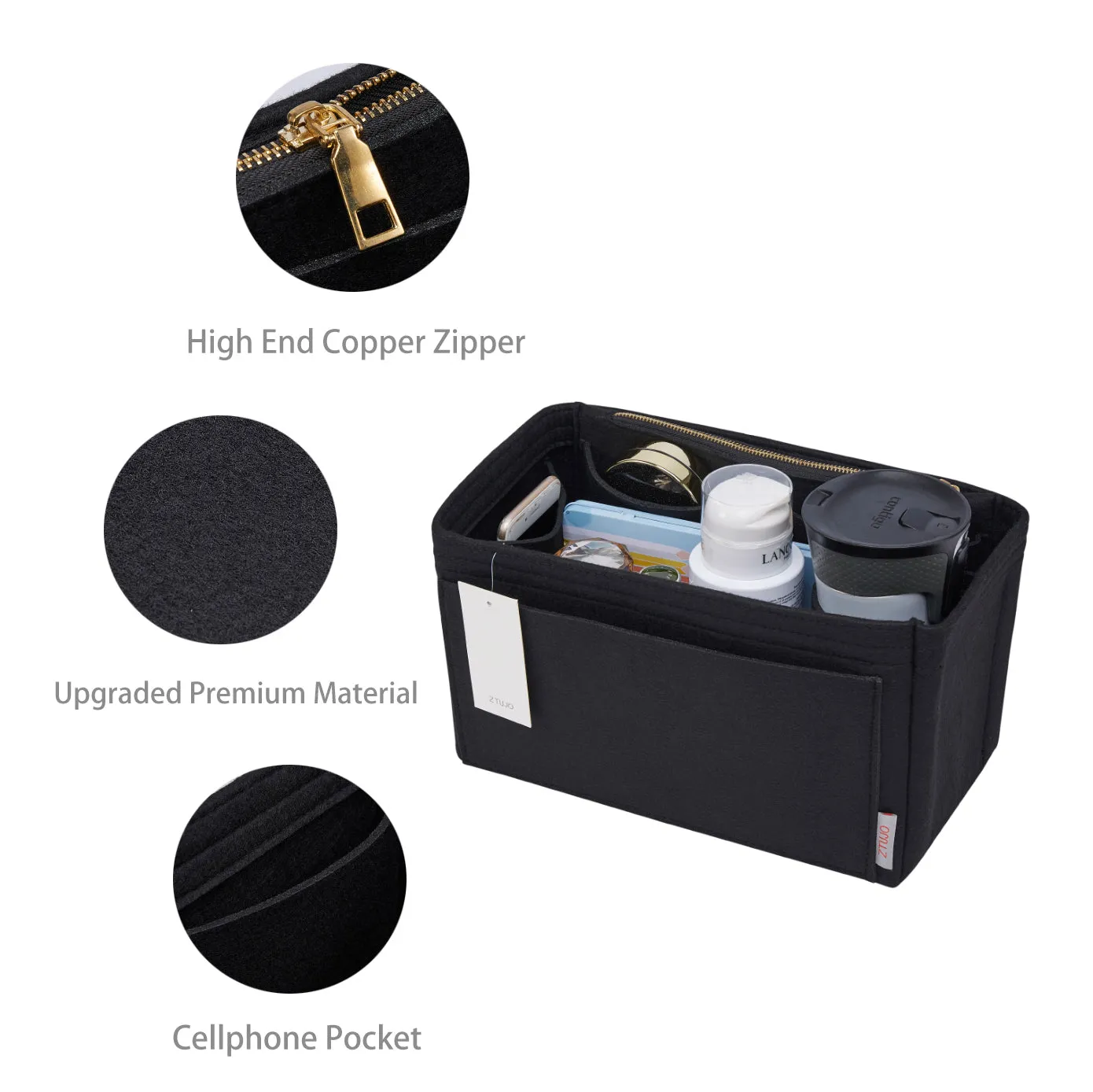 Material Purse Organizer Bag Insert with Bottle Holder - Ideal for Speedy, Neverfull, Tote, ONTHEGO, Artsy, and More Handbags. Keep Your Essentials Tidy and Accessible.