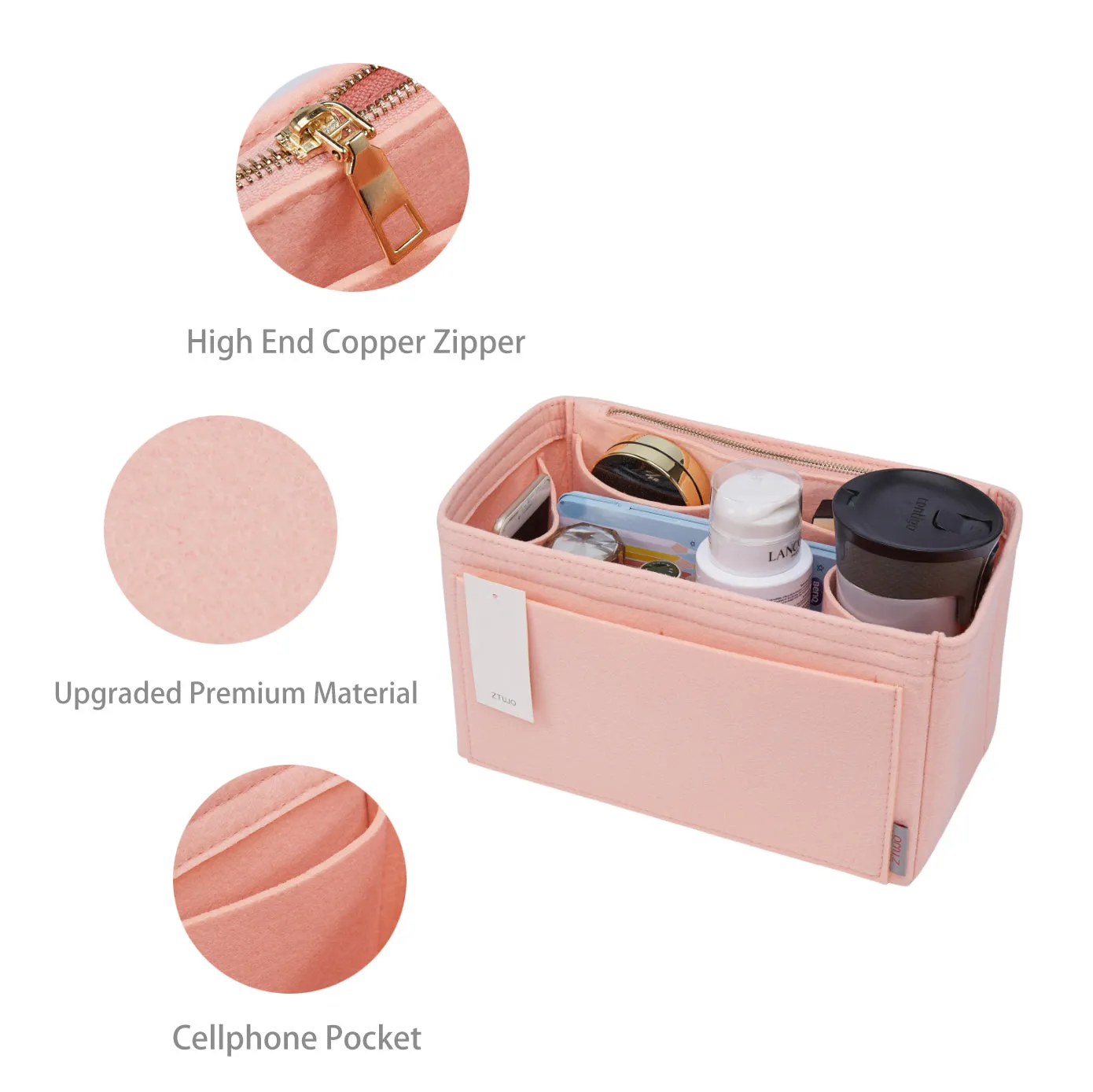 Material Purse Organizer Bag Insert with Bottle Holder - Ideal for Speedy, Neverfull, Tote, ONTHEGO, Artsy, and More Handbags. Keep Your Essentials Tidy and Accessible.
