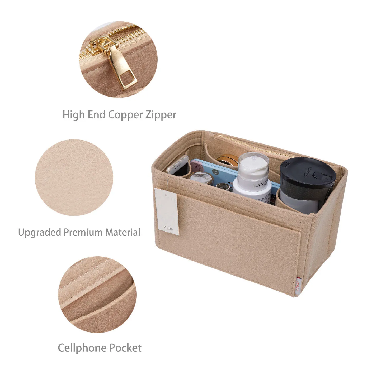 Material Purse Organizer Bag Insert with Bottle Holder - Ideal for Speedy, Neverfull, Tote, ONTHEGO, Artsy, and More Handbags. Keep Your Essentials Tidy and Accessible.